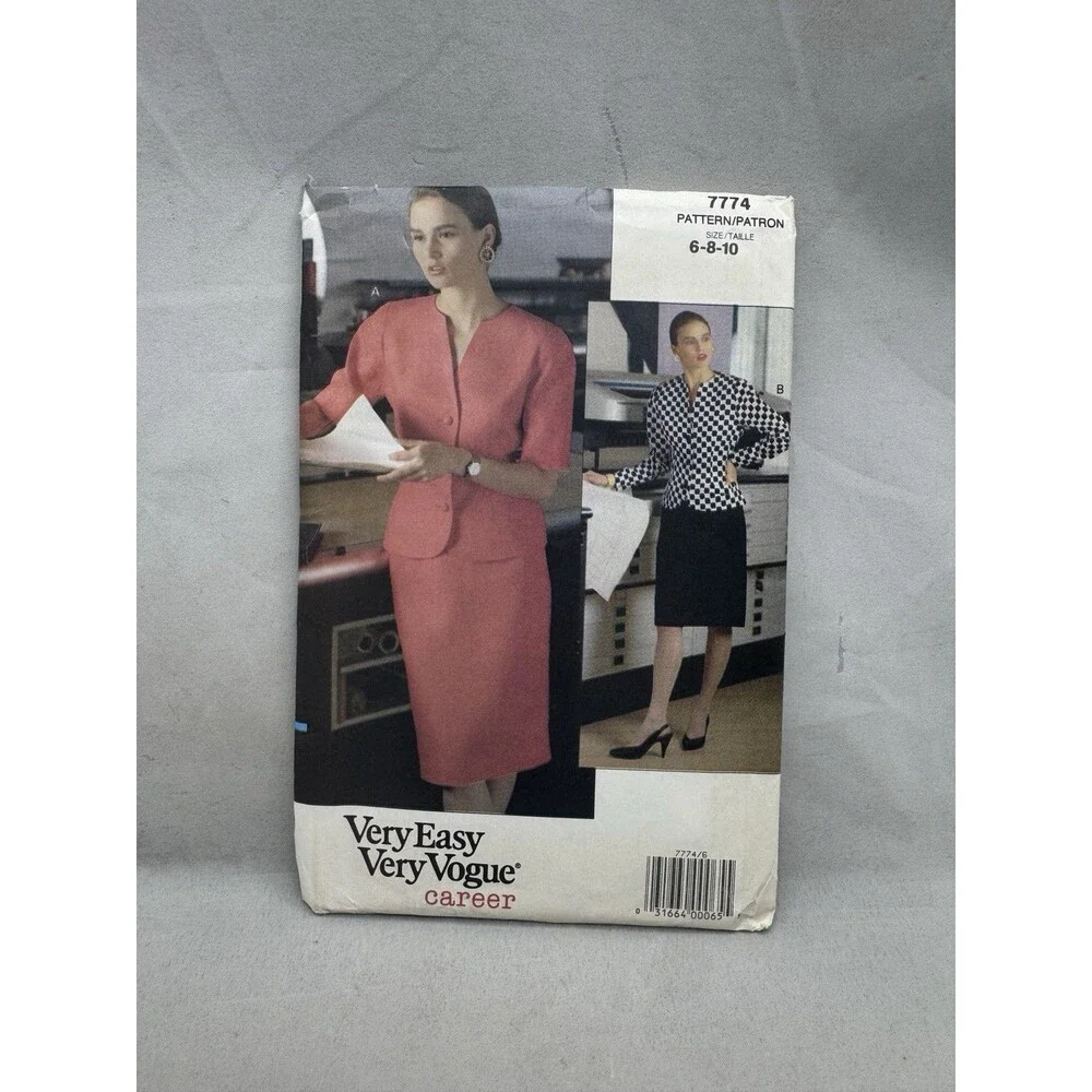 Vogue 7774 Sewing Pattern Crafts Sizes 6 8 10 Very Easy Career Top Skirt 1990